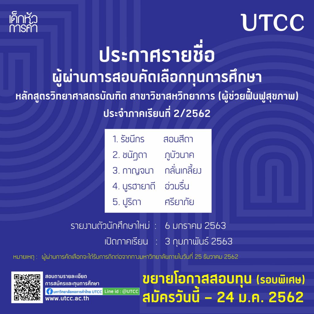 ?ประกาศรายชื่อผู้ผ่านการสอบคัดเลือกทุนการศึกษา หลักสูตรวิทยาศาสตรบัณฑิต สาขาสหวิทยาการ (ผู้ช่วยฟื้นฟูสุขภาพ) ประจำภาคเรียนที่ 2/2562